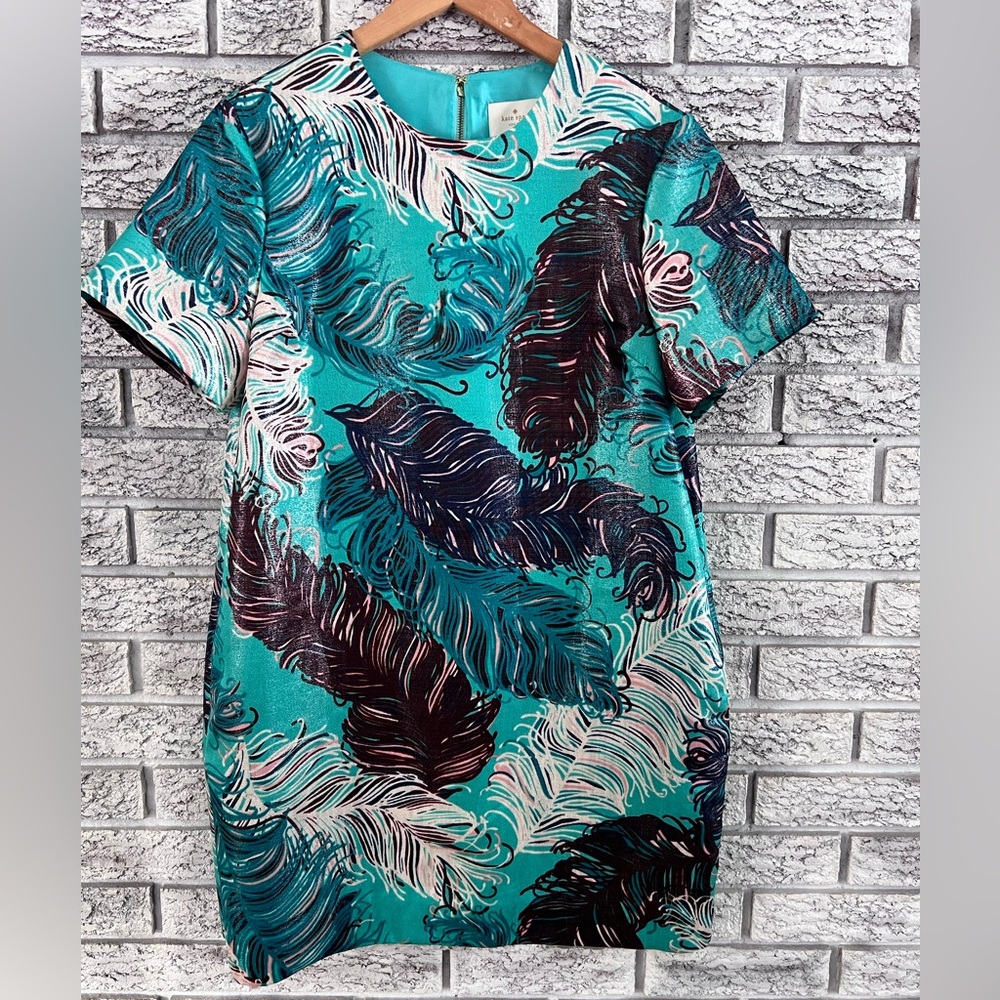 Kate Spade “Regal Plumes” metallic jacquard shift dress with pockets